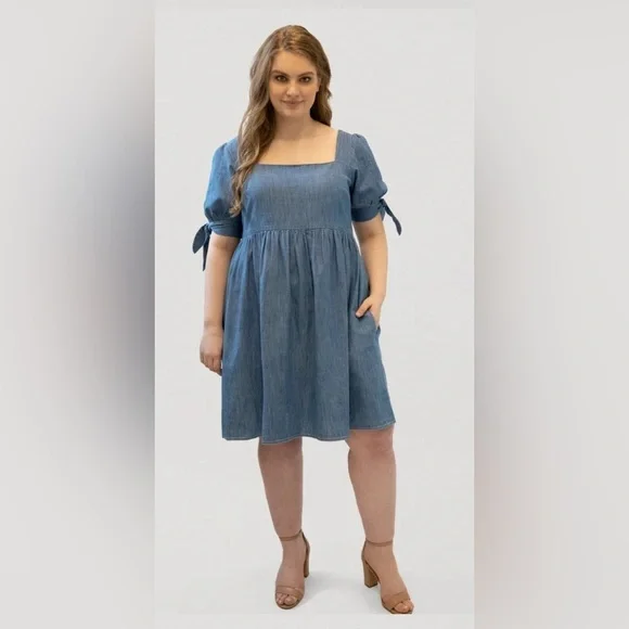 🆕Marée Pour Toi denim babydoll dress/short tie up sleeve/back zip/fit/flare👗 - Picture 4 of 6